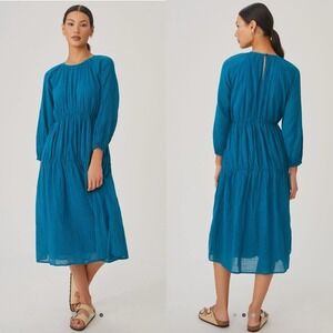 Sundry Anthropologie Tiered Midi Dress 100% Cotton Striped Teal Blue Size 4 (XL)